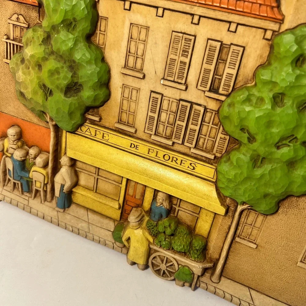 Vintage 1977 Syroco Cafe De Flores French Street Scene Wall Plaque 7443 Dart Ind